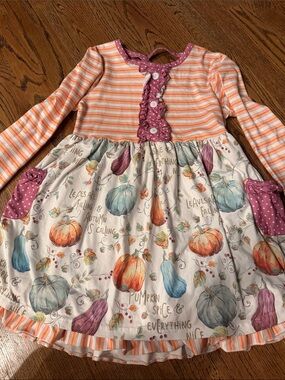 Ruffle girl Girls Fall Pumpkin Print Long Sleeve Dress - Orange & Cream Sz 8